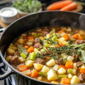 Dutch oven filled with a vibrant mix of ingredients for beef stew