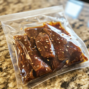 Marinated Beef Strips Sealed in Teriyaki Sauce with Sesame Seeds