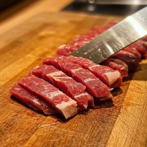 Precision Slicing of Fresh Beef Strips on a Wooden Cutting Board