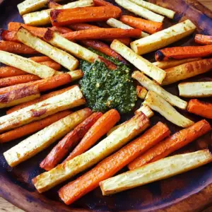 Roasted Carrots and Parsnips With Kale Walnut Pesto