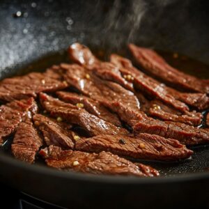 Thin Stripes of Beef Sizzling with Crust
