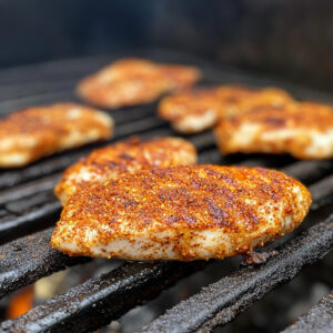 boneless chicken being grilled on a hot outdoor grill