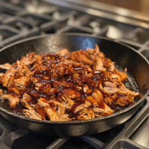 cast-iron skillet on a stovetop filled with pulled pork being heated