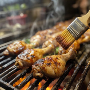 chicken drumsticks sizzling on a hot grill