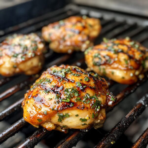 chicken thighs being placed onto a hot grill