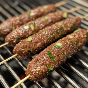 grill with uncooked kofta kebabs on skewers