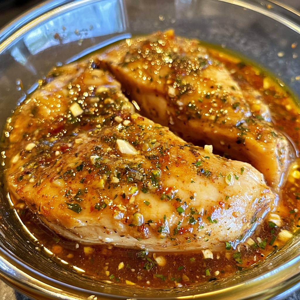 large chicken piece being marinated in a glass bowl