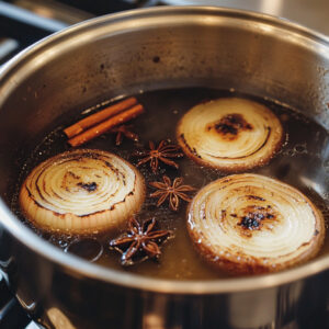 large pot of broth simmering gently