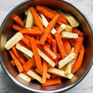 mixing bowl filled with freshly peeled carrot and parsnip sticks