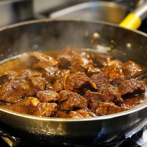 searing beef in a large pot