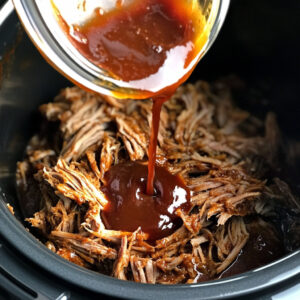 shredded pulled pork sitting inside a slow cooker