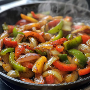 sizzling skillet filled with vibrant slices of green, red, and yellow bell peppers