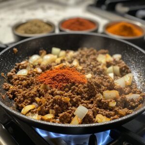 skillet on a stovetop, containing browned ground beef mixed with diced onions and minced garlic