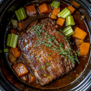 slow cooker filled with a browned chuck roast