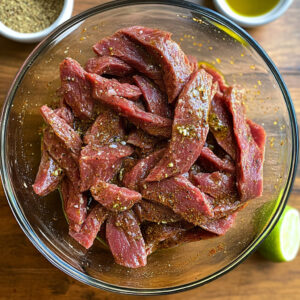thinly sliced raw beef strips placed in a glass mixing bowl