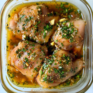 uncooked chicken thigh placed in a shallow glass dish