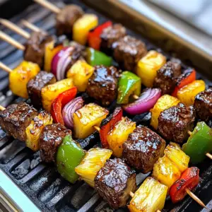 BBQ teriyaki beef kebabs grilling over an open flame