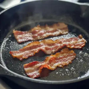 bacon sizzling in a black cast-iron skillet with a handle