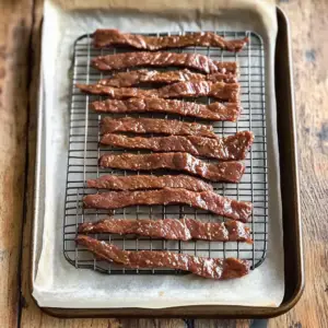 baking sheet lined with parchment paper sits on a rustic kitchen counter, with a wire rack placed on top