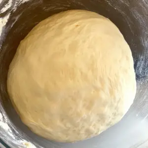 ball of pizza dough resting in a large mixing bowl