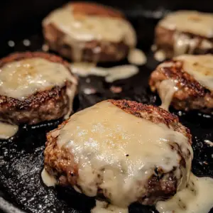 beef slider patties sizzling on a cast iron skillet