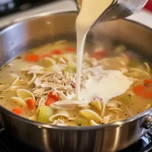 broth containing tender egg noodles, shredded chicken, sliced carrots, and celery