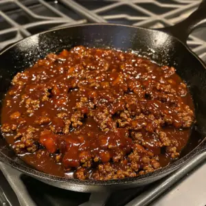 browned ground beef coated in a thick, glossy barbecue sauce