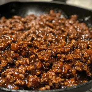 browned ground beef coated in a thick, glossy barbecue sauce