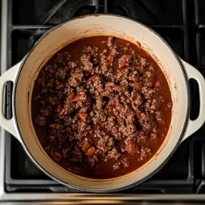 browned ground beef, simmering in a rich, deep red mixture
