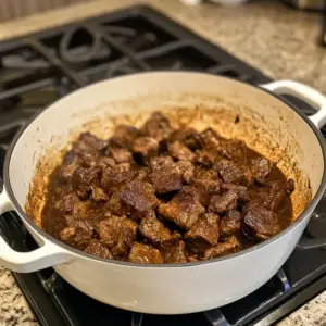 chunks of stew meat sizzling