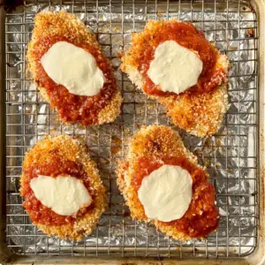 crispy panko-coated chicken cutlets resting on a wire rack