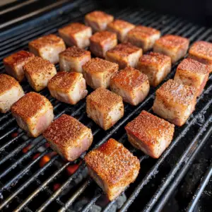 evenly cut pork belly cubes arranged in neat rows on a hot grill