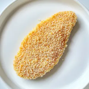 flattened chicken piece fully coated in a layer of golden panko breadcrumbs