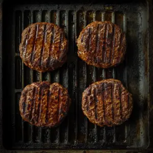 four beef patties cooking on a grill