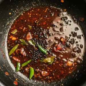 glossy, deep-red sauce is gently simmering