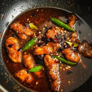 golden-brown fried chicken strips being tossed in a thick, glossy red masala sauce