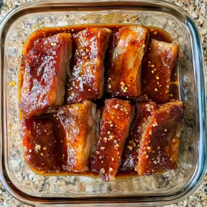 pork belly strips marinating in a rich, glossy mixture of soy sauce
