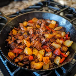 potatoes and sauteed diced red bell peppers and diced onions