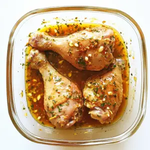 raw chicken leg quarters placed in a large, transparent glass dish, surrounded by a vibrant marinade