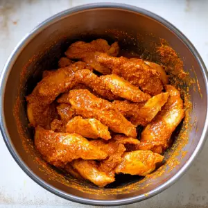raw chicken strips coated in a vibrant marinade