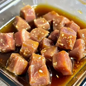 raw cubed pork tenderloin marinating in a shallow glass dish