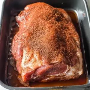 raw pork shoulder in a deep roasting pan