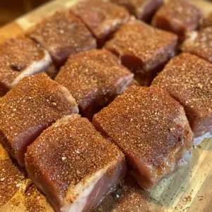 raw pork shoulder sections coated in a deep reddish-brown spice rub