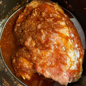raw, seasoned pork shoulder sitting in a slow cooker