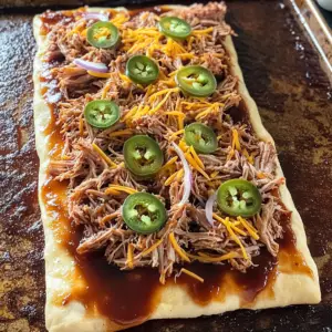 rectangular flatbread on a baking tray, topped with a rich, glossy layer of BBQ sauce