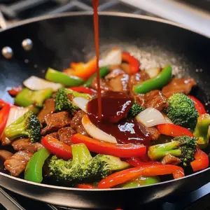 seared strips of beef, sautéed red and green bell peppers, tender broccoli florets, and translucent onion slices