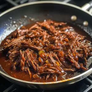 shredded brisket simmering in a rich, thick barbecue sauce