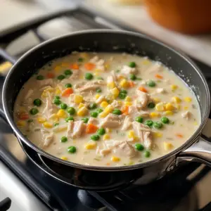 simmering mixture of shredded rotisserie chicken, frozen peas, diced carrots, and corn in a creamy, golden chicken broth