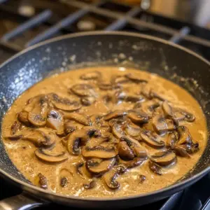 simmering mixture of sliced mushrooms, chicken broth, Marsala wine, and heavy cream