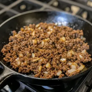 sizzling ground beef that is browning